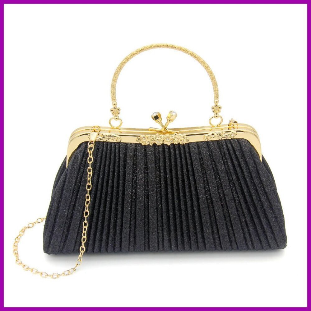 Sparkly Evening Clutch with Detachable Chain, Shimmer Pleated Fabric,